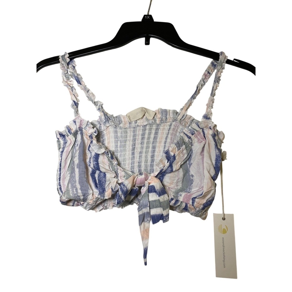 Ocean Drive Womens Striped Tie Front Smocked Crop Top Blue Pink White B10424 M